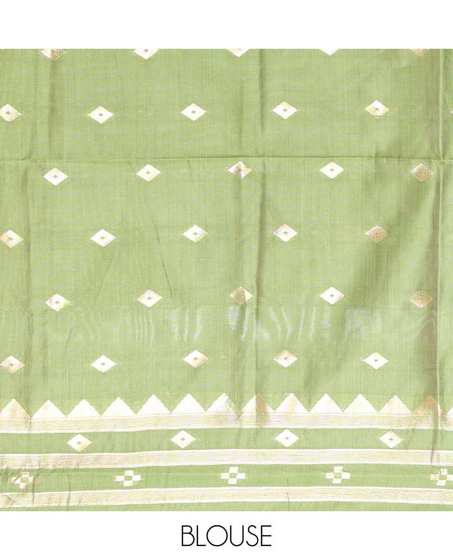 Off-White Jute Cotton Saree, Adorned with Diamond Meena Buttas All Over Its Body, Complemented by a Contrast Border, Pallu of Jamdhani-Style Floral Designs, and Paired with a Contrast Blouse