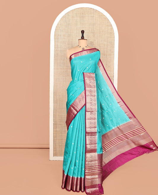 Blue Semi-Banarasi Dupion Saree, Detailed with Zari Butta and Checks, a Contrast Paisley Zari Design Border, Striped Pallu, and a Contrast Blouse