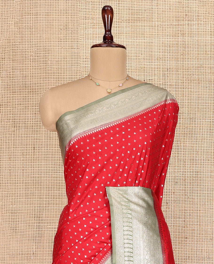Red Semi-Banaras Dupion Saree, Steeped in Richness of Zari Buttas, Complemented by Contrast Traditional Zari Border, Grand Pallu, and a Contrast Blouse