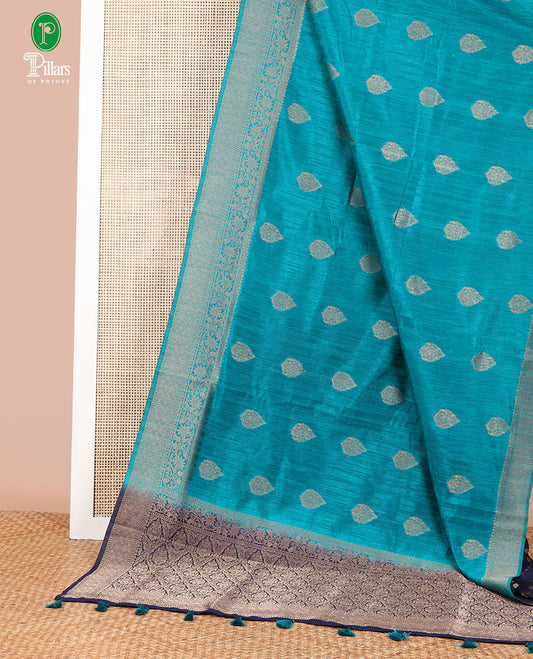 Blue banaras style butta linen saree with zari border & contrast pallu along with contrast blouse