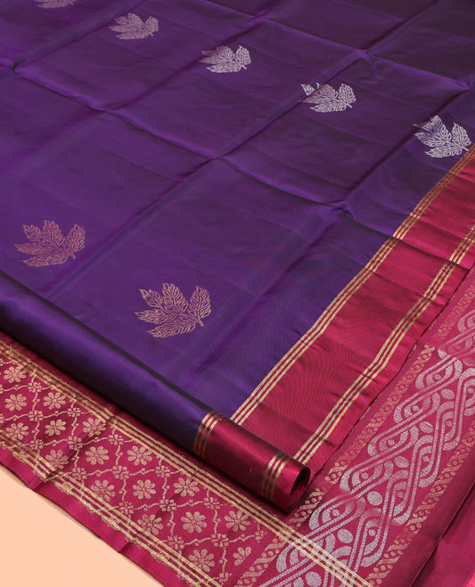 Violet Mayuri Lite Silk Mix Saree, Enriched with Leaf Buttas, Complemented by a Contrast Striped Border, Pallu of Jaal Designs, and a Contrast Blouse