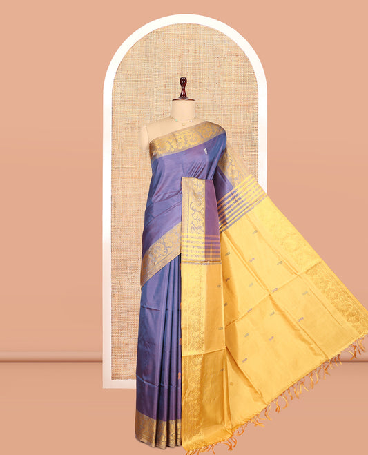 Violet Banana Pith Saree, Woven with Thread Buttas, a Contrast Traditional Zari Border, Pallu of Buttas, and a Contrast Blouse