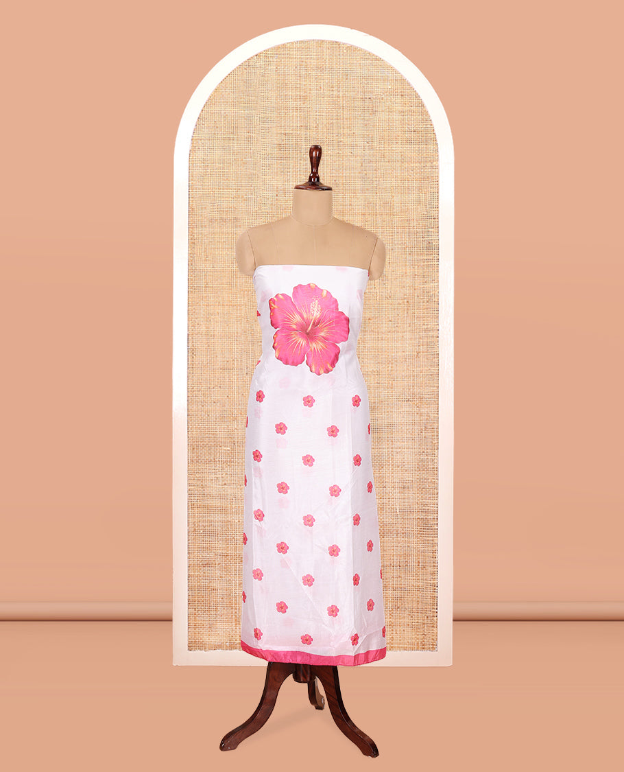 Cream-Pink Semi-Silk Material Chudidar, Floral Printed Top, Matching Bottom, Floral Printed Dupatta