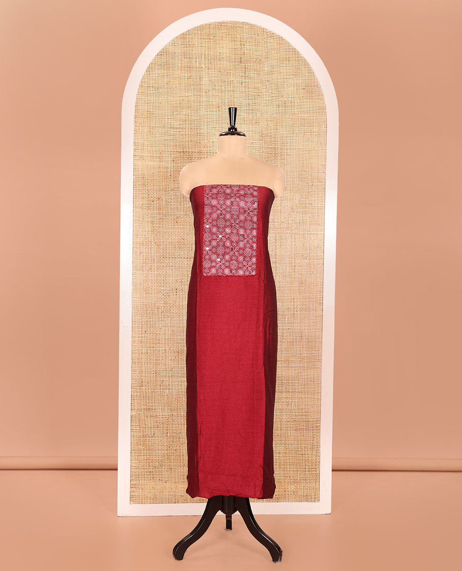 Red Material Chudidhar Set, Bedecked with Ajrakh Patch Work and Mirror Work, Vichitra Silk Top, Plain Santoon Bottom, and Chinon Silk Dupatta Featuring Intricate Ajrakh Prints