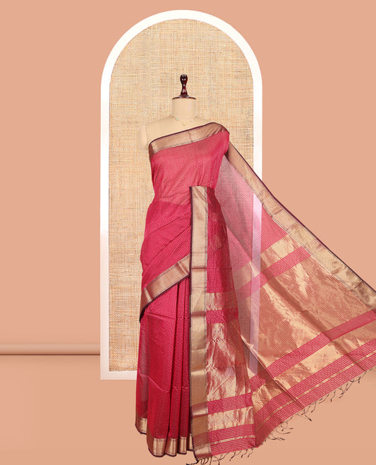 Red Maheshwari Cotton Saree, Woven with Zari Checks, a Traditional Zari Border, Gleaming Zari Pallu, and a Matching Blouse