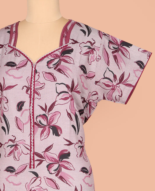 Grey Cotton Nighty Accentuated with Floral Print, Featuring Lace Work, Sweet-Heart-Style Front Neck, and 3/4th Sleeves