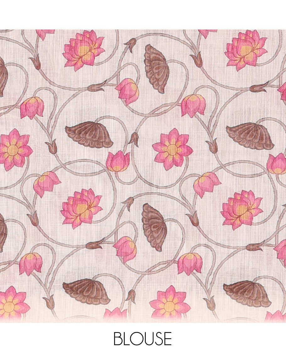 Brown Linen Cotton Saree, Embellished with Kalamkari Floral-Bird Print, Contrast Border, Kalamkari Peacock Pallu, a Contrast Blouse