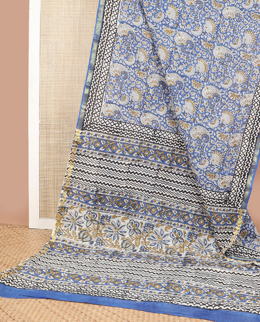 Blue floral design machine printed kalamkari cotton saree with contrast zari border & floral design pallu