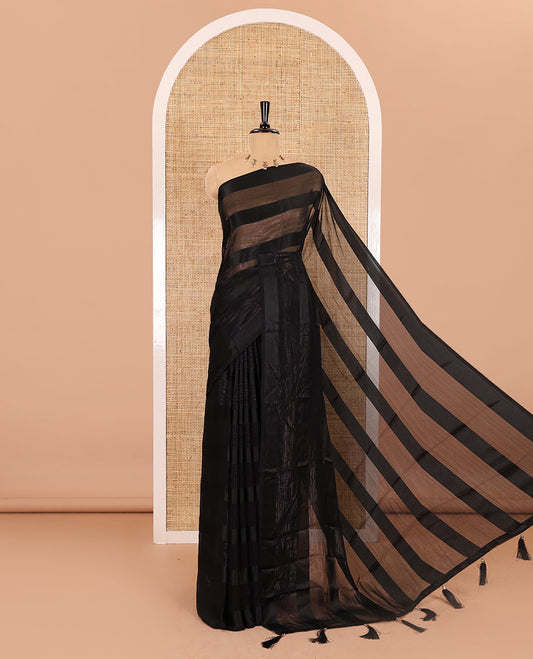 Borderless black horizontal satin thick striped shimmer georgette saree with a contrast blouse