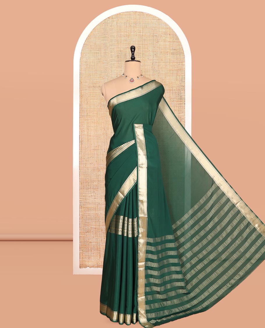 Bottle Green Traditional Zari Woven Mysore Silk Saree, a Zari Border, Striped Pallu, and a Matching Blouse
