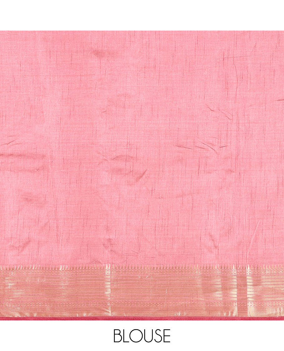 Dusty rose pink lotus-leaf style printed semi-tussar saree, traditional zari border, zari striped pallu, and a matching blouse