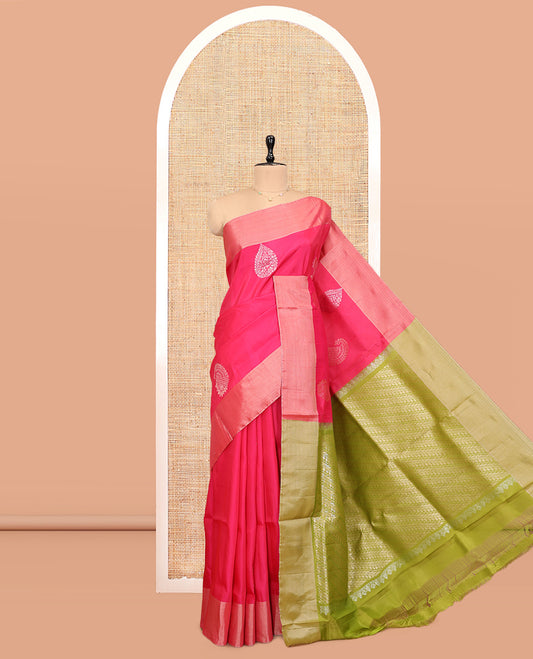 Pink Semi Uppada Saree, Features Zari Buttas, a Bavanji Border, Contrast Leaf Creeper Pallu, and a Contrast Blouse