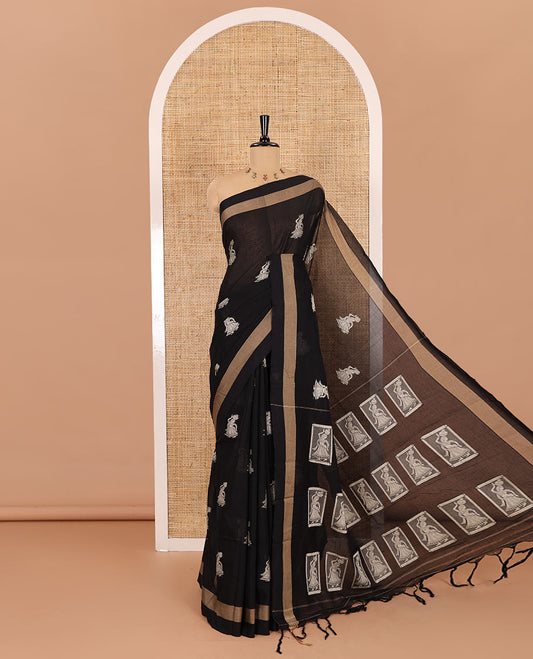 Black girl motifs mercerised cotton saree, bavanji border, girl motifs steeped pallu, and a matching blouse