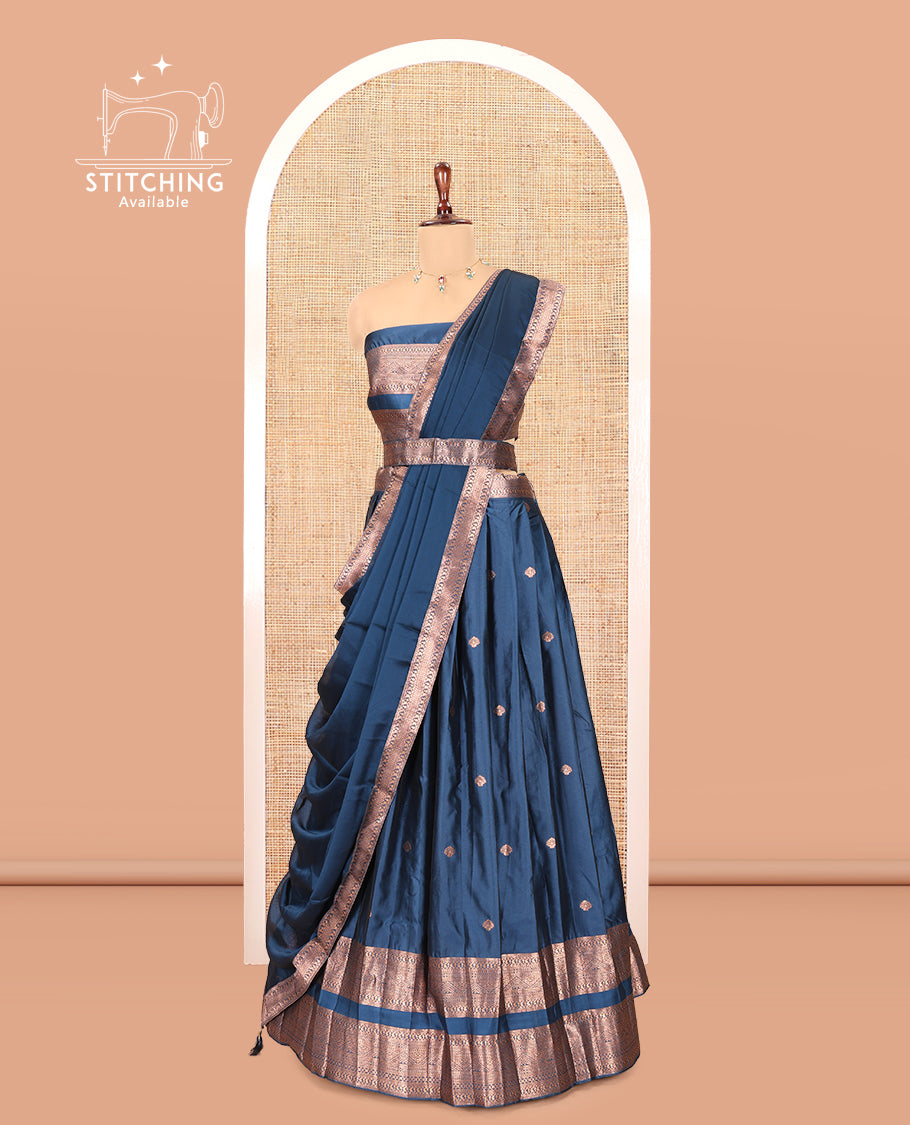 Peacock Blue Semi-Silk Half-Saree, Enriched with Zari Buttas Woven Skirt, a Rettai Pettu Traditional Border, a Matching Blouse, and Dhavani