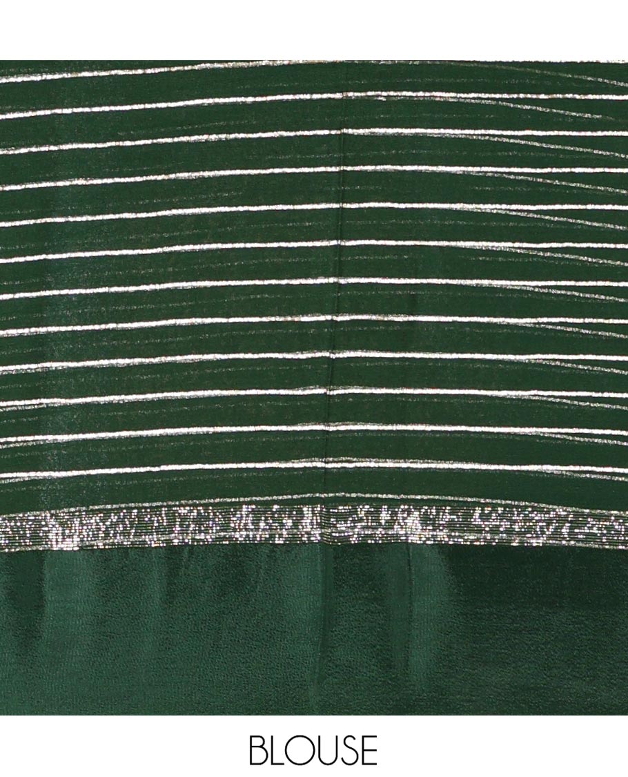 Green Viscose Georgette Saree Gleamed with Horizontal Golden Zari Stripes All Over Its Body,  by a Satin Plain Border, a Self Pallu Featuring the Same Horizontal Stripes, and Paired with a Running Blouse