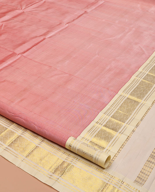 Pink Kanchipuram Silk Saree Featuring Zari Buttas, Complemented by a Contrast One-Sided Border of Panner Sombu, Banaras, and Jaal Design, Zari Design Pallu, and No Blouse