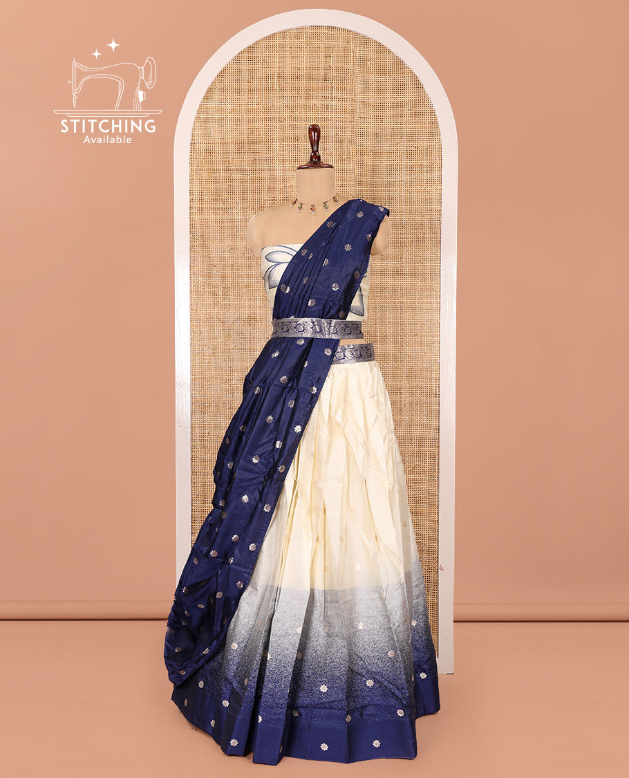 Cream-Blue Semi-Silk Half-Saree Features Flower Buttas Skirt, Contrast Border, Matching Blouse, Contrast Dhavani