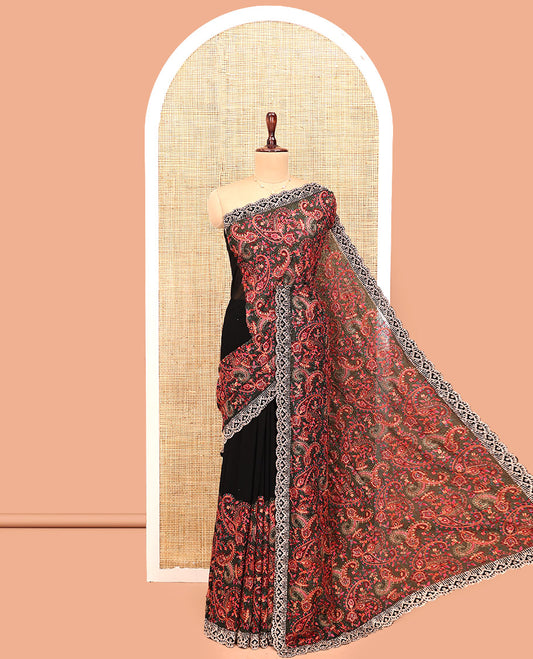 Black Designer Saree, Masterfully Woven with Paisley Embroidery, a Scallop Embroidered Border, and a Matching Blouse