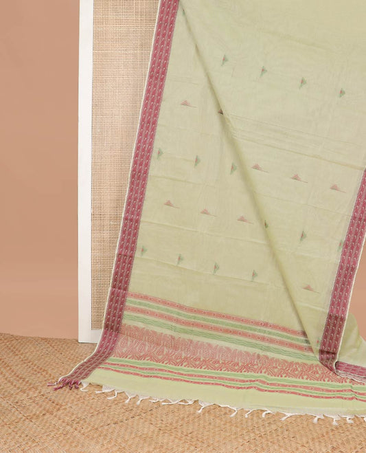 Mint green triangle design kanchi cotton saree with contrast floral design border & floral design pallu