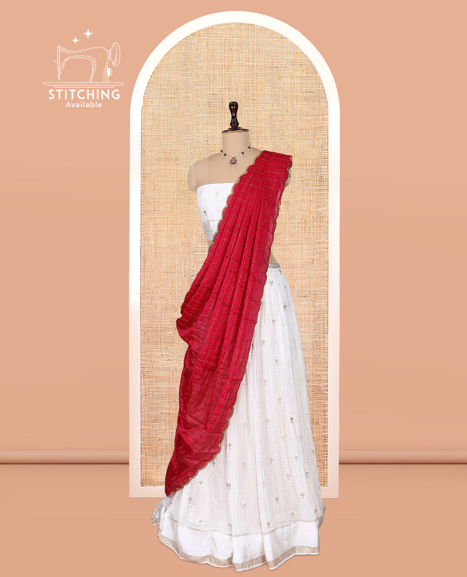 Cream-Rani Pink Viscose Georgette Half-Saree, Buttas Skirt, Matching Blouse, Contrast Checked Dhavani