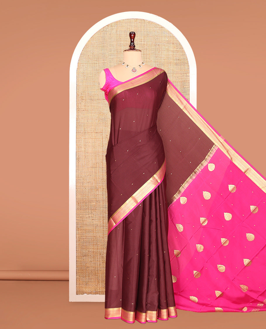 Brown Zari Buttas Mysore Silk Saree, Complemented by a Contrast Traditional Zari Border, Zari Design Pallu, and a Contrast Blouse