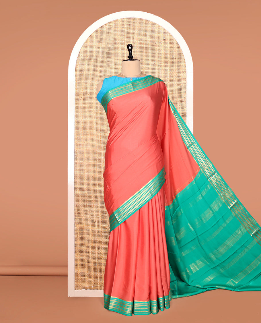 Dark Peach Plain Mysore Silk Saree, Complemented by a Contrast Traditional Zari Border, Zari Design Pallu, and a Contrast Blouse