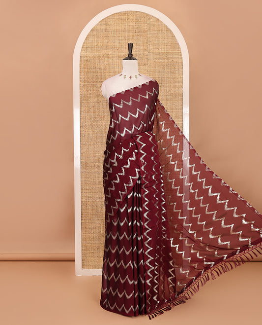 Borderless maroon zig-zag stripes foil printed rangoli saree, running blouse