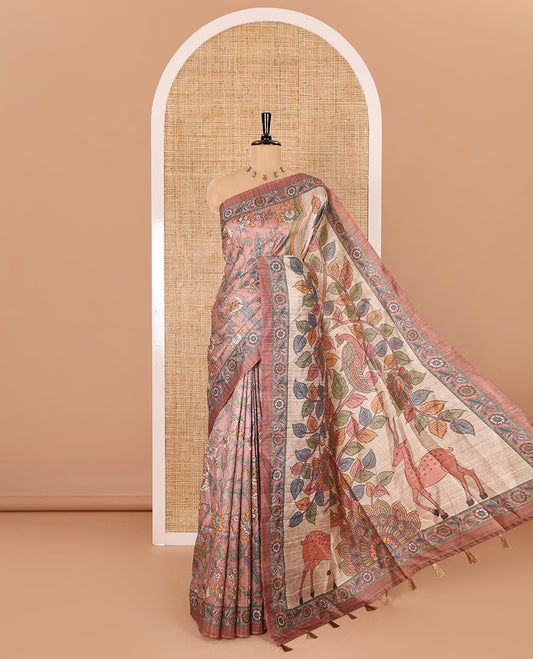 Brown kalamkari floral vine printed fancy tussar saree, floral printed border, Tree of life printed pallu, and a matching blouse