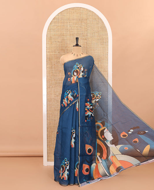 Borderless blue modern art style Radha Krishna motifs printed chanderi cotton saree, big Radha Krishna motifs printed pallu and a contrast printed blouse