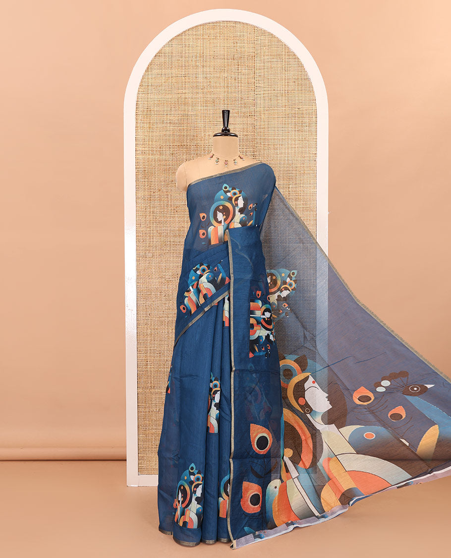 Borderless blue modern art style Radha Krishna motifs printed chanderi cotton saree, big Radha Krishna motifs printed pallu and a contrast printed blouse