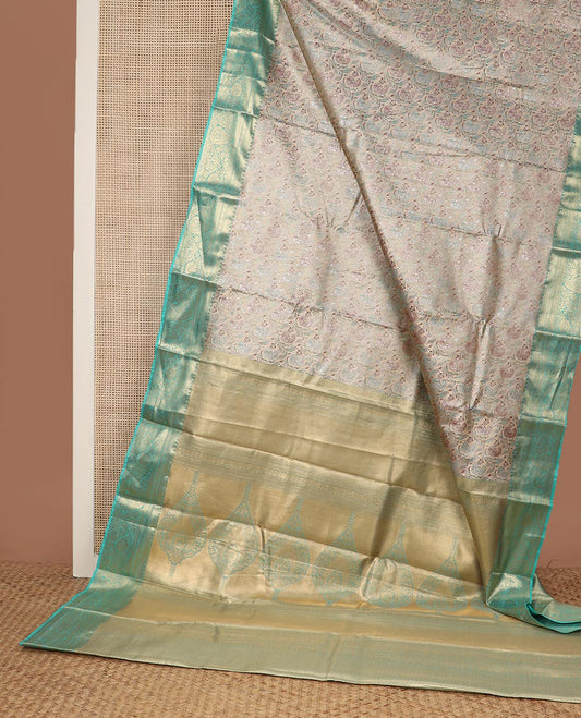 Beige floral Paisley jacquard budget silk saree, contrast traditional zari border, and zari woven intricate pallu
