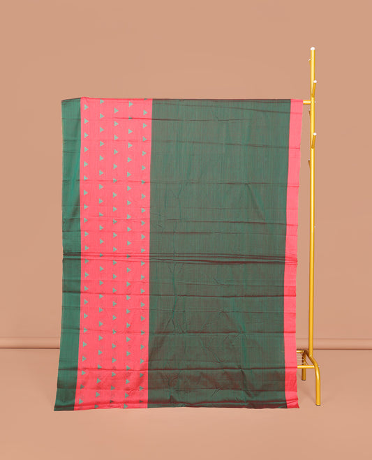 Green Plain Narayanpet Cotton Saree, Complemented by a Contrast Temple Border, Striped Pallu, and Comes Without a Blouse