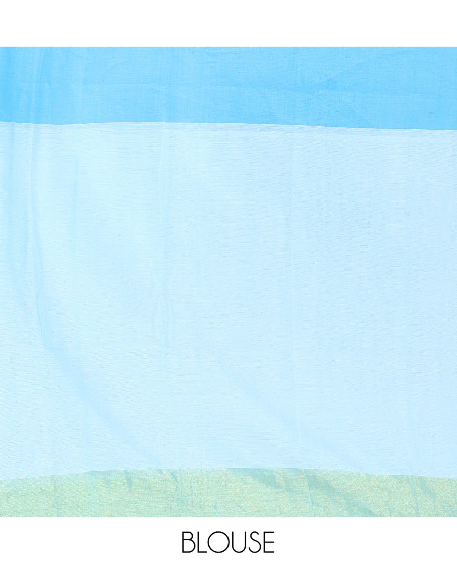 Blue Khadi Mul Cotton Saree, Adorned with Half-And-Half-Style Double-Colour Dyed on Its Body, a Subtle Zari Border, Striped Pallu, and Paired with a Matching Blouse