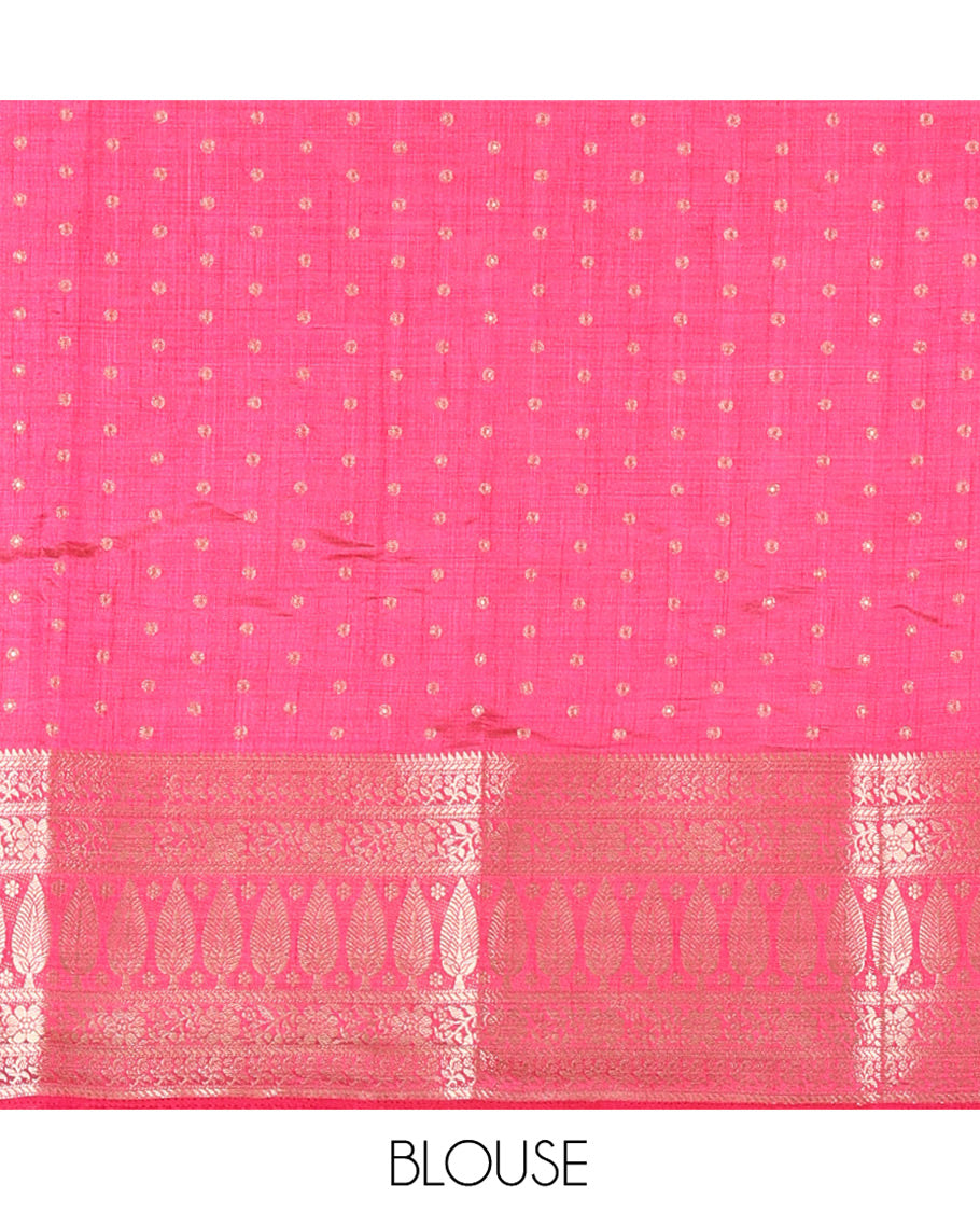 Cream-Pink Semi-Tussar Saree Features 1000 Buttas, a Contrast Traditional Border, and Contrast Blouse