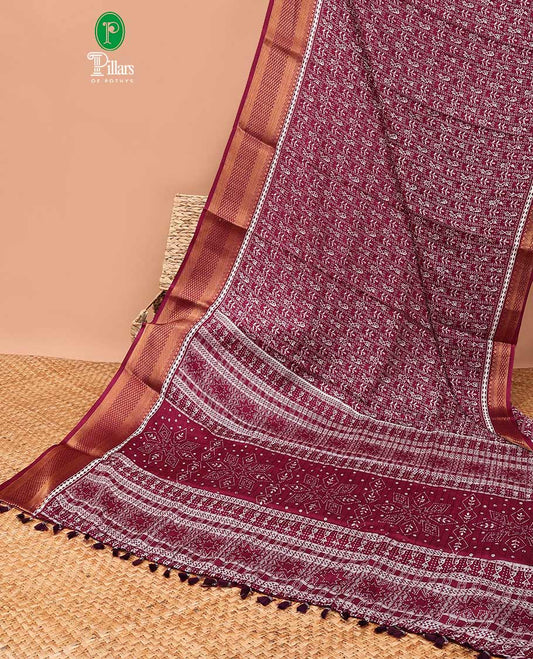 Wine all-over vareli print, sequence line dola silk saree with contrast copper thread gatti border & small butti design print blouse