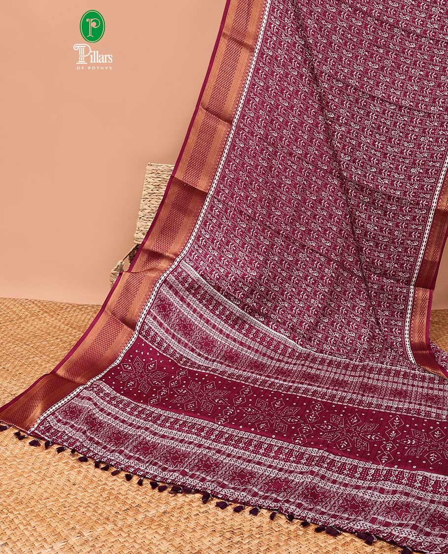 Wine all-over vareli print, sequence line dola silk saree with contrast copper thread gatti border & small butti design print blouse