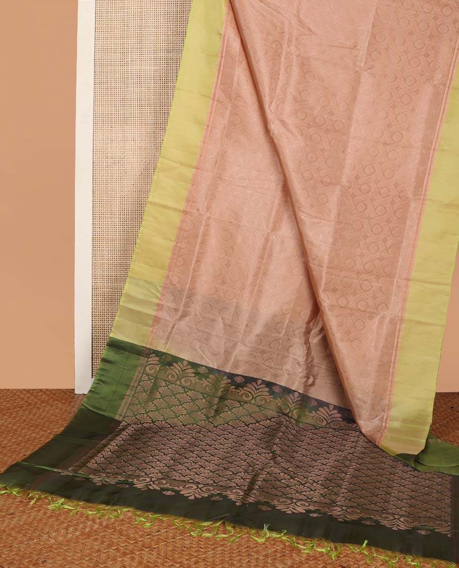 baby pink geometric design uppada saree with contrast border & floral design pallu
