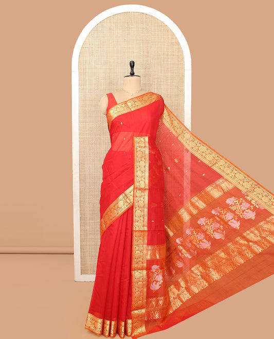 Red Silk Cotton Saree, Majestically Detailed with Zari Buttas and Stripes, a Contrast Floral Creeper Border, Floral Design Pallu, and a Matching Blouse