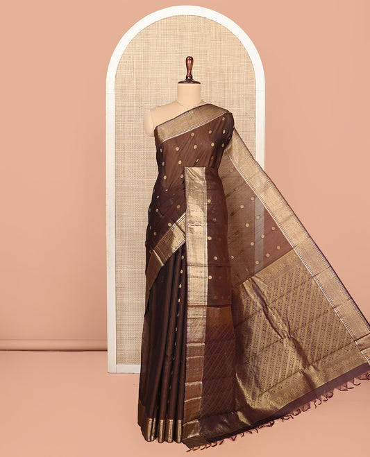 Brown Silk Cotton Saree, Decorated with Zari Buttas All Over Its Body, Highlighted by Traditional Zari Border, Diagonally Woven Pallu and Paired With a Matching Blouse