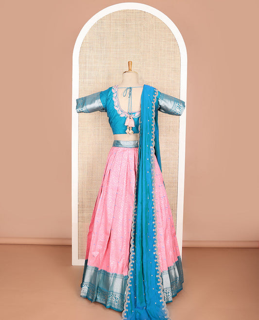 Pink floral jaal design art silk half saree with contrast zari design border, embroidered blouse & floral embroidery dhavani