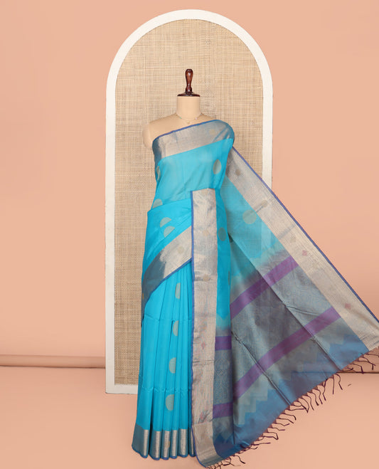 Blue Silk Cotton Saree, Subtly Sparkled with Polka Dot Buttas, Complemented by a Contrast Border, Intricately Designed Pallu, and a Contrast Blouse