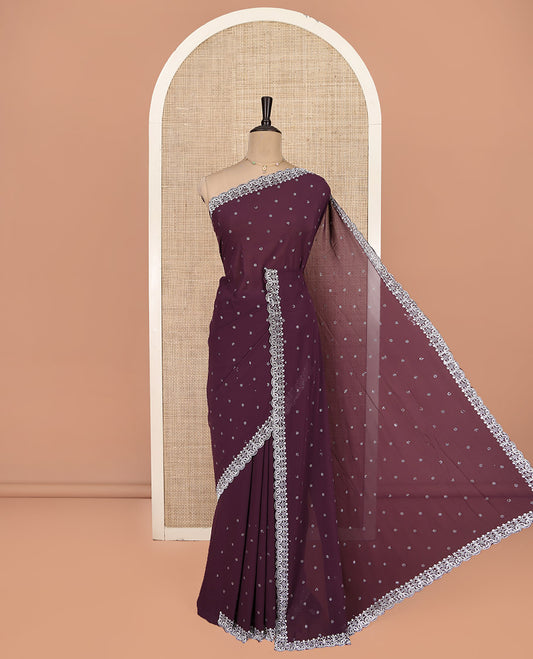 Purple Designer Saree, Beautifully Bedecked with Stone Work, Scallop Lace Border, a Self-Pallu, and a Matching Blouse
