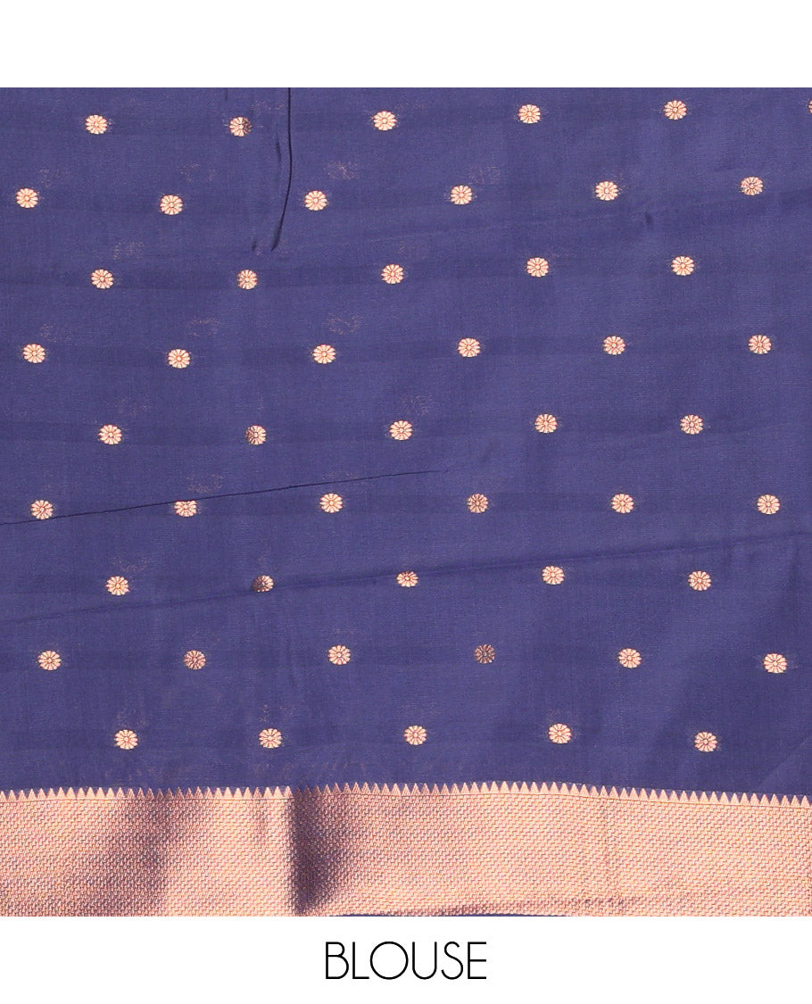 Navy Litchi Saree, Adorned with Half-And-Half and Zari Buttas, Contrast Traditional Zari Border, Grand Pallu, and a Contrast Blouse