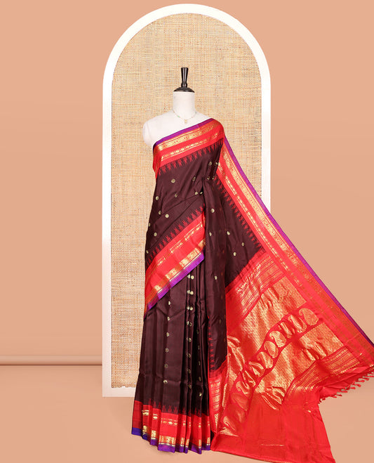 Brown Gadwal Silk Saree, Finely Crafted with Zari Buttas, Complemented by a Contrast Traditional Zari Border, Grand Jaal Pallu, and a Contrast Blouse