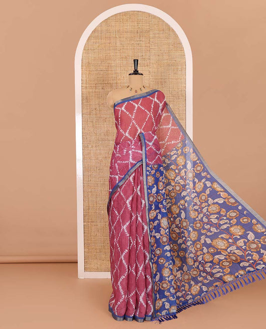 Pink argyle shibori printed linen cotton saree, contrast border, kalamkari floral vine printed pallu, and a contrast kalamkari printed blouse