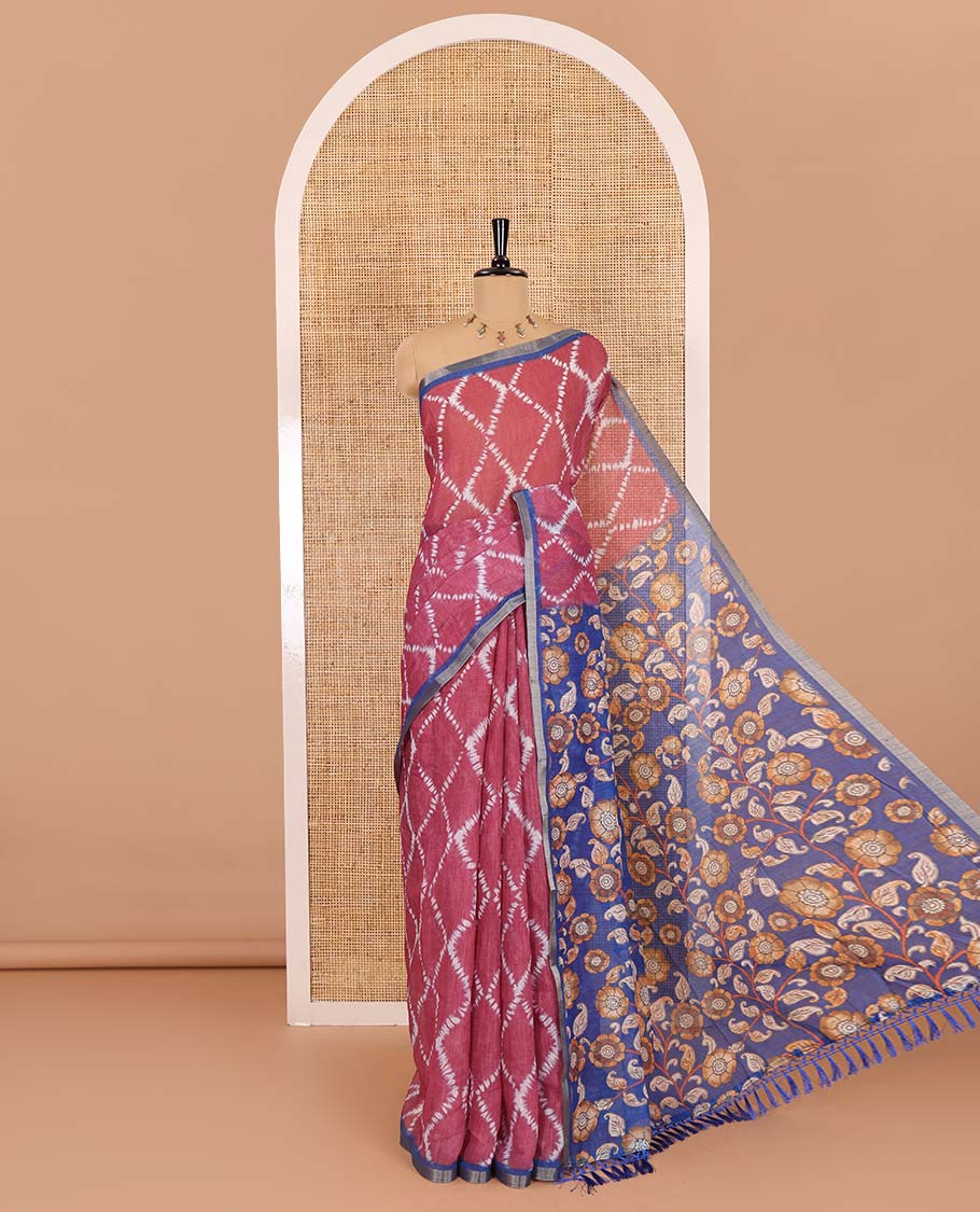Pink argyle shibori printed linen cotton saree, contrast border, kalamkari floral vine printed pallu, and a contrast kalamkari printed blouse