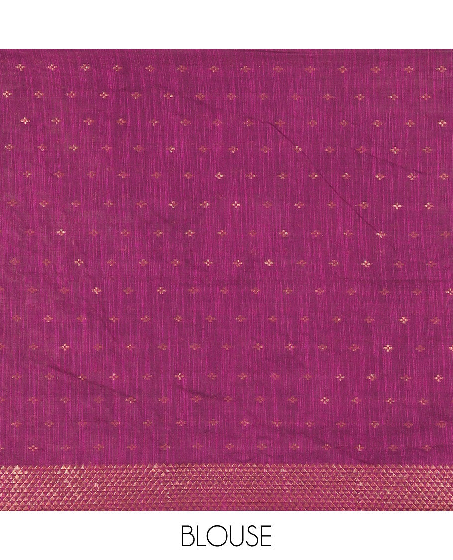 Violet Khadi Mul Cotton Saree Beautified with Plus-Shaped Zari Buttas Across Its Body, Featuring a Subtle Zari Border Adorned with Triangle Motifs, a Tissue Pallu, and Complemented by a Running Blouse