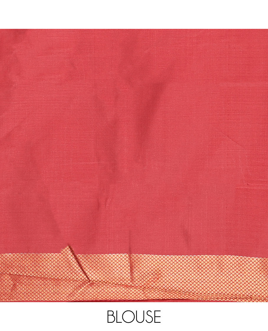 Cream and Red Semi-Soft Silk Saree Embellished with Polka Dot Buttas All Over Its Body, Complemented by a Contrast Jaal Design Border, Pallu of Geometric Patterns, and Paired with a Contrast Blouse