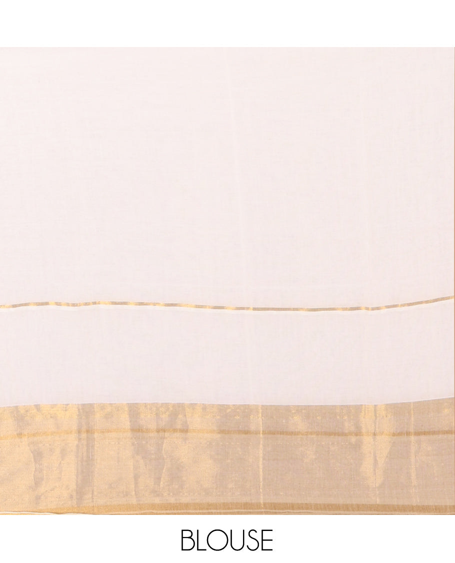 Cream Plain Khadi Mul Cotton Saree, Golden Zari Border, a Self-Pallu with Tassels, and No Blouse