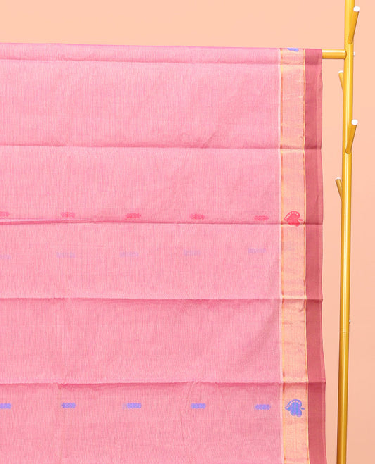 Pink Kanchi Cotton Saree, Adorned with Buttas All Over Its Body, a Complemented by Contrast Border, Pallu of Intricate Designs, and Paired with a Matching Blouse